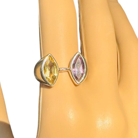 Citrine & Amethyst Gemstones 925 Silver Vintage Bypass Ring Size 7.75 - Picture 8 of 11